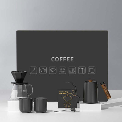 ElectroncHub pour-over coffee set with black packaging, includes brewing tools and cups for home use.