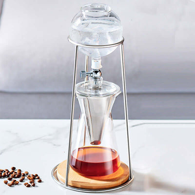 ElectroncHub high borosilicate drip coffee maker brewing cold brew coffee with wooden base.