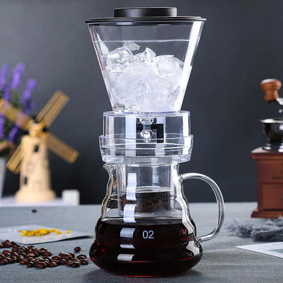 ElectroncHub glass ice drip coffee pot with ice, showcasing cold brew process, stylish design, and coffee brewing essentials.