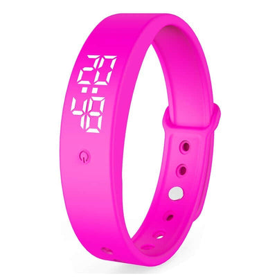 Pink V9 smart bracelet with digital display and touch interface for time tracking.