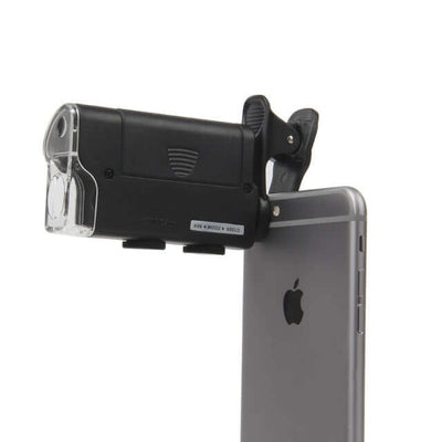 60X/100X mobile phone microscope attached to smartphone, featuring adjustable magnification and ABS frame.