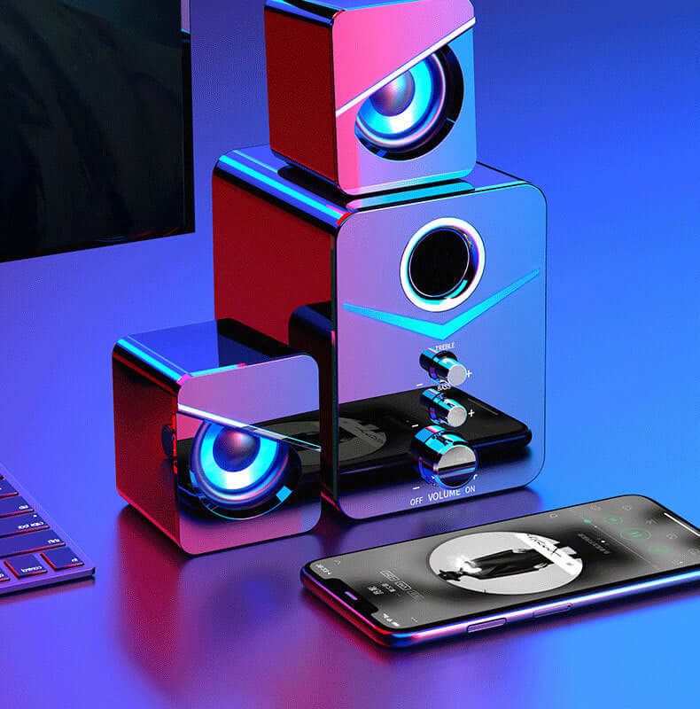 Stylish ElectroncHub computer speakers with LED lights, enhancing audio experience for desktops and home setups.