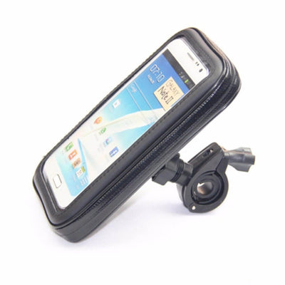 Bicycle phone holder featuring a waterproof case and adjustable bracket for outdoor cycling.