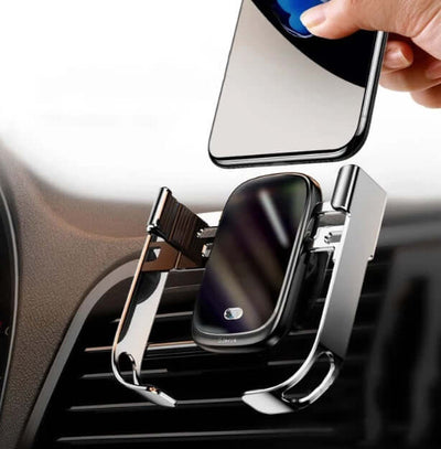 Futuristic electric bracket wireless charger with infrared sensor, supporting glass-based wireless charging for smartphones.