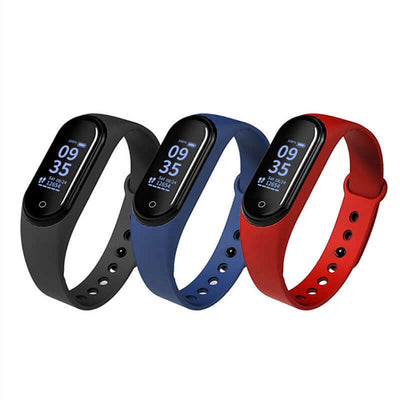 Multi-colored smart watch measuring temperature, featuring black, blue, and red bands with digital display.