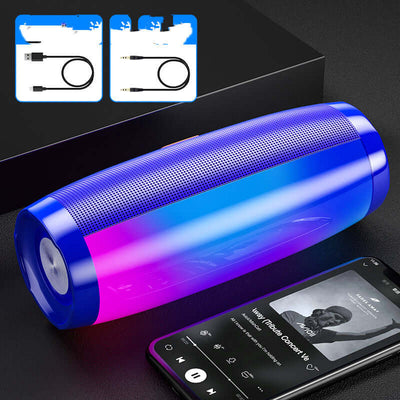 ElectroncHub Bluetooth audio speaker in sleek design with neon lights and smartphone playing music.