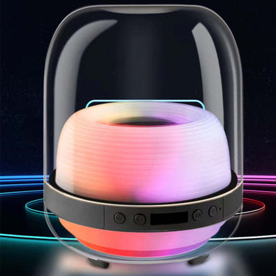 ElectroncHub desktop multimedia Bluetooth speaker with colorful LED lights and glass enclosure.